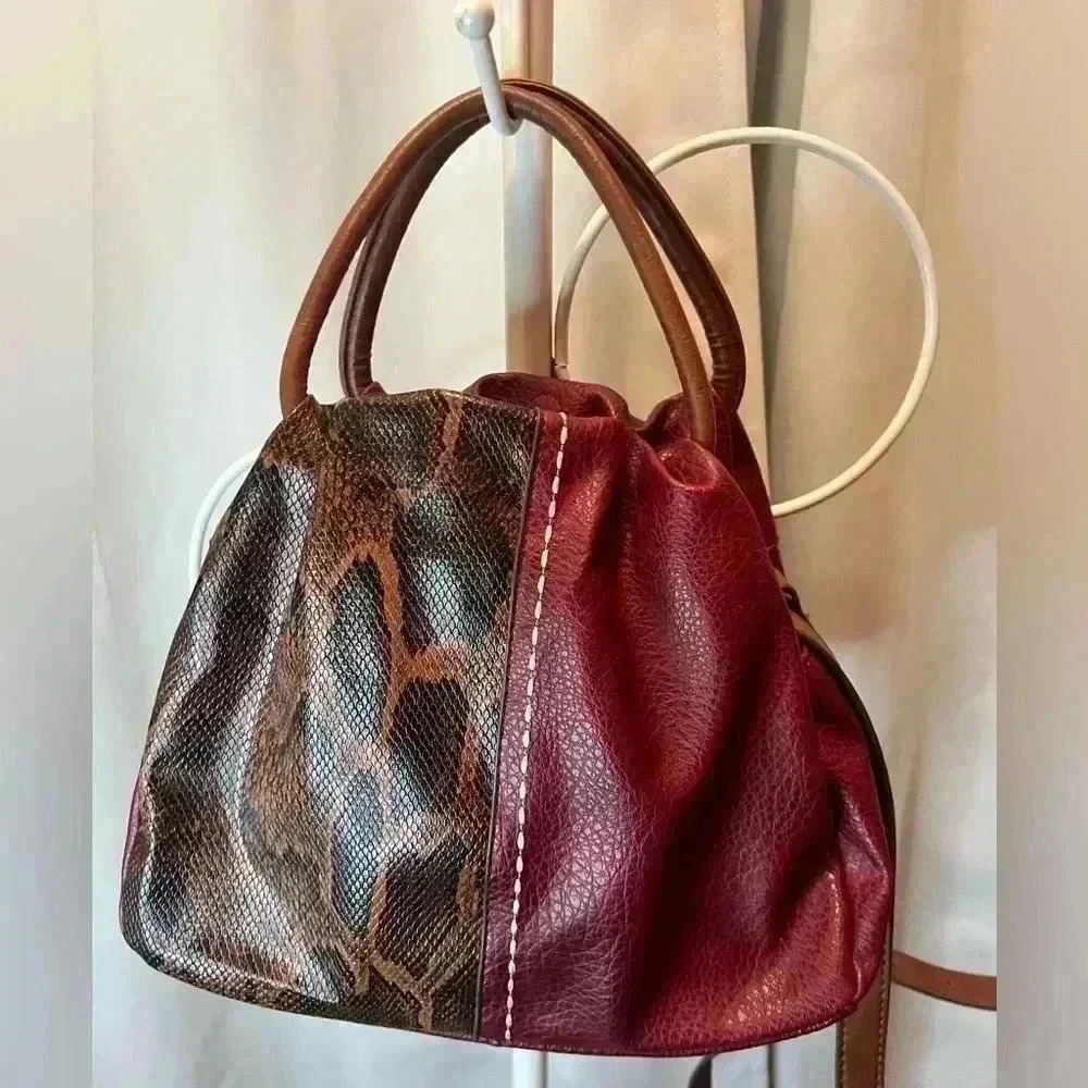 Snake Print Vegan Leather Handbag Burgundy - Picture 2 of 12